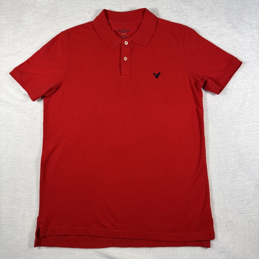 American Eagle Medium Red Polo Core Flex Classic‎ Fit Navy Eagle Logo